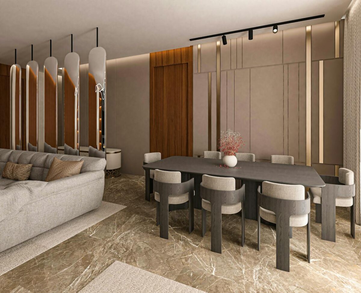 Elegant contemporary interior showcasing a luxurious dining area and cozy seating arrangement.