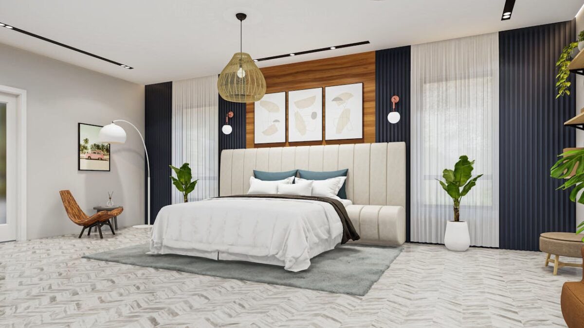 Contemporary bedroom with sleek decor and natural lighting.